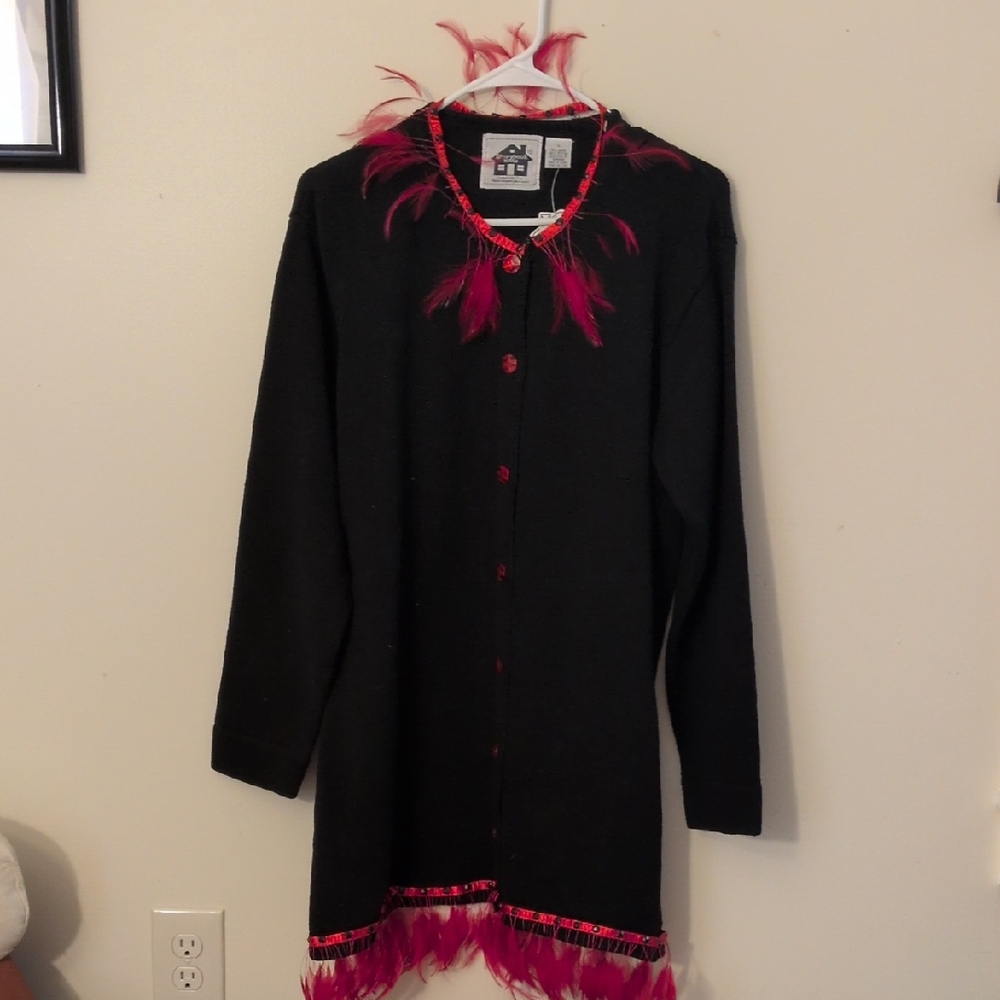Storybook Knits Black Cardigan with Hot Pink Feather & Ribbon Trim